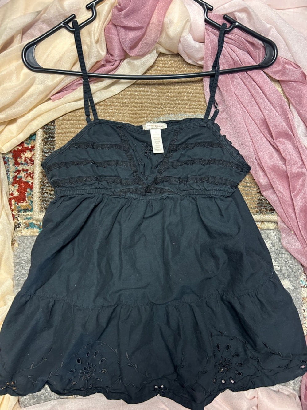 Black Eyelet Cotton Spaghetti Strap Tank Top